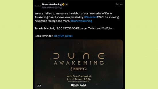 Dune Awakening Direct showcase: An image of an announcement for the first Dune Awakening Direct showcase.