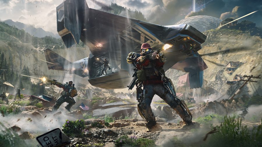 Exoborne: A soldier in an exo-suit fires a pistol. Behind him, a large aircraft hovers close to the ground with another soldier firing out of the side door