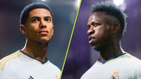 FC 24 update: A split image showing Jude Bellingham and Vinicius Junior in the white shirt of Real Madrid