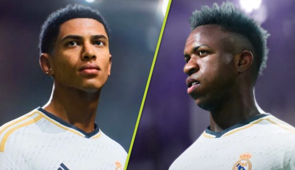FC 24 update: A split image showing Jude Bellingham and Vinicius Junior in the white shirt of Real Madrid
