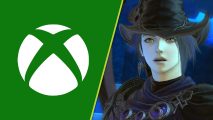 FF14 Xbox currency: A split image showing a green and white Xbox logo and a woman wearing a black witch's hat with an amazed expression on her face