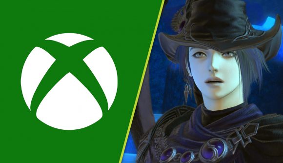 FF14 Xbox currency: A split image showing a green and white Xbox logo and a woman wearing a black witch's hat with an amazed expression on her face