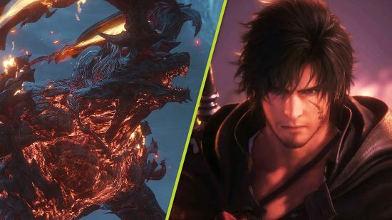 Final Fantasy 16 The Rising Tide ending: a giant horned monster next to a man with shaggy dark hair