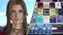 Final Fantasy 7 Rebirth Queen's Blood expansions: A diagonally split image with Aerith smiling on the left and a Queen's Blood board in play on the right.