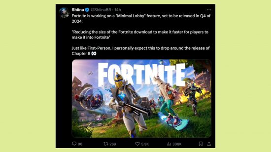 Fortnite first person mode: An image of ShiinaBR speculating the Fortnite first person mode release date on social media platform X.