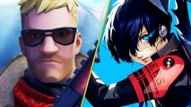 Fortnite Persona leak: a blonde-haired agent wearing sunglasses next to a young boy with blue hair and eyes wearing a uniform
