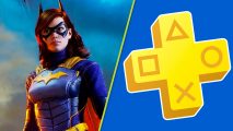 PS Plus Gotham Knights discount: An image of Batgirl in Gotham Knights and the PS Plus logo.