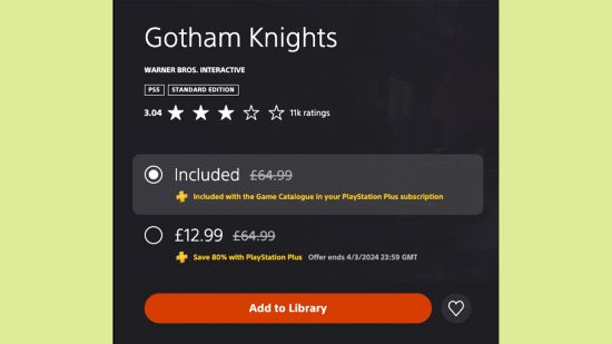 Gotham Knights PS Plus discount: An image of Gotham Knights on the PlayStation Store.