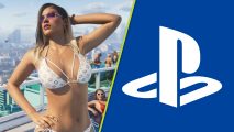 GTA 6 PS5 Pro: A woman in a white bikini striking a pose with a blue and white PlayStation logo next to her