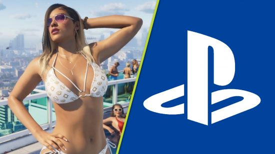 GTA 6 PS5 Pro: A woman in a white bikini striking a pose with a blue and white PlayStation logo next to her