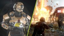 Helldivers 2 Cutting Edge armor: A diagonally split image with a character on the left wearing the new EX Prototype armor, while on the right is a player looking at a large explosion in an Automaton base.