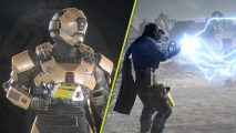 Helldivers 2 Cutting Edge Warbond: A split image with a Helldiver holding a laser pistol at their hip on the left side and a character firing an arc weapon on the right side.