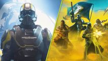 Helldivers 2 game master emergency expansion: A split image with a Helldiver standing against the Super Earth flag on the left, and a group of characters firing on promotional art on the right side.