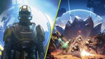 Helldivers 2 Illuminate: A split image with a Helldiver on the left standing against a flag of Super Earth, while on the right is a group of characters fighting off Terminid's from the first game.