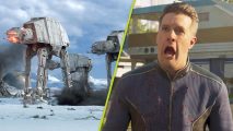 Helldivers 2 leaks Automaton AT-AT Star Wars: A split image with three AT-ATs from Star Wars walking on the snowy planet of Hoth, while on the right is a character from Helldivers 2 screaming in fear.