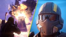 Helldivers 2 miniguns: A split image showing a Helldivers 2 player facing a massive explosion and a close up shot of a Helldivers 2 soldier in their iconic black helmet