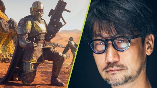 Helldivers 2 movie: A split image with one half showing a fully-armored soldier from Helldivers 2 kneeling and giving a thumbs-up, and the other half being a close up shot of Hideo Kojima