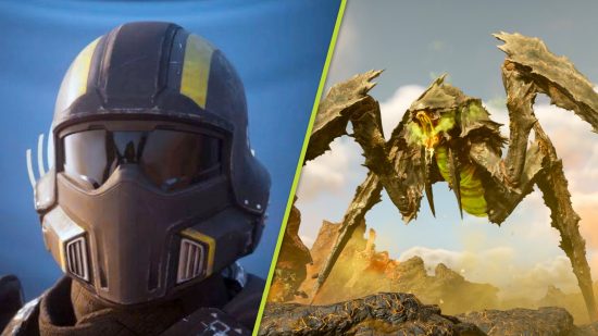 Helldivers 2 update Terminid tank nerf: A split image with a close-up of a Helldiver wearing they're helmet on the left side and a Bile Titan on the right side.