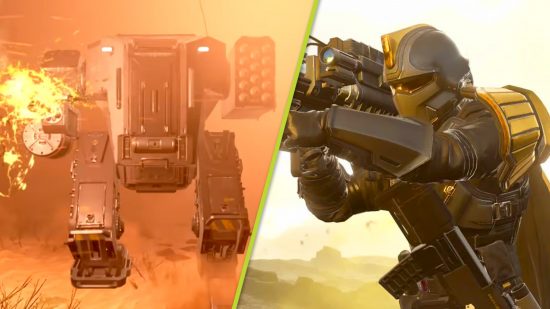 Helldivers 2 vehicles stratagems early game master: A split image with a mech in a sandstorm on the left and a Helldiver firing a laser on the right side.