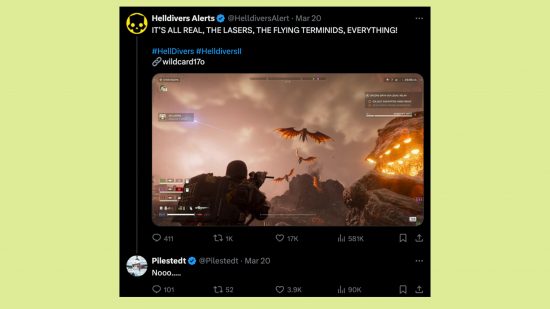 Helldivers 2 flying chargers: An image of Johan Pilestedt of Arrowhead on social media platform X.