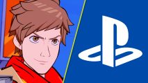 Hi Fi Rush PS5: A split image showing Hi Fi Rush main character Chai looks with a determined stare and a white PlayStation logo on a blue background