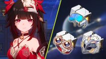Honkai Star Rail 2.1 Relic inventory upgrade: Sparkle, a girl with dark hair and red eyes next to a selection of Relics