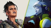 Marathon heroes custom characters Apex Legends: A split image with a feminine character from Apex Legends with an fierce facial expression on the left side, and a synthetic-looking character from Marathon on the right, aiming a weapon.