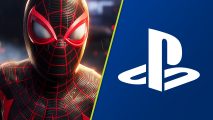 Marvel's Spider-Man 2 update New Game Plus: Miles Morales in his signature black and red suit, next to the PlayStation logo