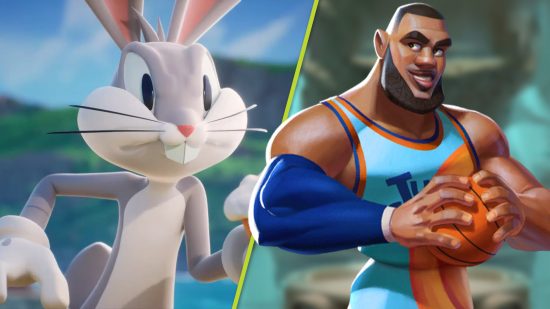 MultiVersus Twitter tease: a white and grey bunny called Bugs next to LeBron James in his Space Jam outfit