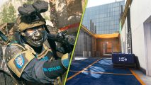 MW3 Season 2 Reloaded update: A diagonally split image with a soldier on the left wearing Japanese samurai-inspired armor, while on the right is an image of the new Das Haus map, featuring a highrise under construction.