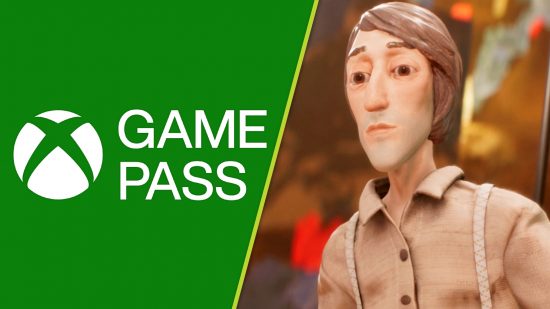New Game Pass games April: A split image with the Xbox Game Pass logo on the left and a claymation model of a middle-aged man in a brown shirt