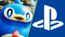 Palworld PS5 port Pocketpair plans: A split image with a cute blue penguin-like creature on the left side and a white PlayStation logo against a blue background on the right side.