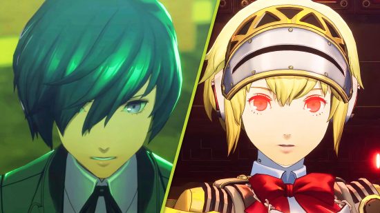 Persona 3 Reload Episode Aigis: a blue-haired schoolboy next to a blonde-haired girl with red eyes and a silver headband