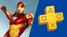 PS Plus Extra Premium games March 2024: A split image with Iron Man leaping and punching on the left side and the PS Plus logo against a blue background on the right side.