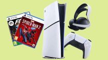 PS5 deals: Two PS5 game boxes, and PlayStation 5 console, a controller, and a headset all set against a green background