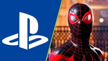 PS5 Pro specs: A split iamge showing a blue and white playstation logo and Miles Morales from Spider-Man 2 in his black and red suit