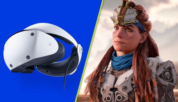 PSVR2 production paused: A split image with the PSVR2 headset on the left side, set against a dark blue background, and a close-up of Aloy from the Horizon series on the right side.