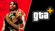 Red Dead Redemption GTA+ : An image of John Marston holding a wanted poster in Red Dead Redemption and the GTA+ logo.