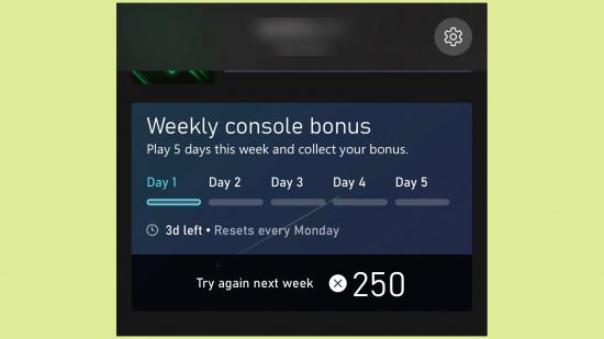 Rewards with Xbox: An image of the Weekly Console Bonus on the Xbox App.