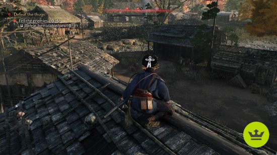 Rise of the Ronin combat: The player perched on a roof overlooking an enemy camp, with several other buildings and enemies ahead.