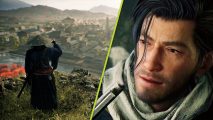 Rise of the Ronin review PS5: A split image showing a samurai looking out over a beautiful view of a town and a close-up of a man with slicked back hair looking concerned