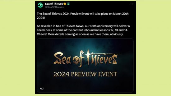 Sea of Thieves 2024 Preview Event: An image of developer RARE announcing the Sea of Thieves 2024 preview event.
