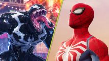 Spider-Man 2 update play as venom: an image of Spider-Man looking at Venom in Spider-Man 2.