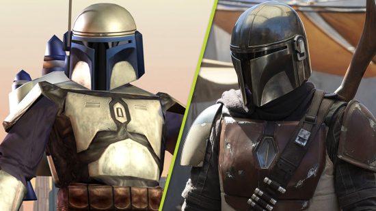 Star Wars Mandalorian game details: two bounty hunters in silver and brown beskar armor side-by-side