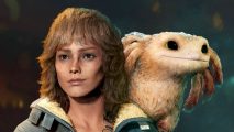 Star Wars Outlaws release date: Kay Vess with her furry companion Nix sitting on her shoulder