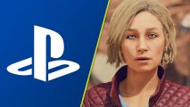 Starfield PS5 2024: a PlayStation logo next to the blonde-haired Sarah Morgan wearing a red jacket
