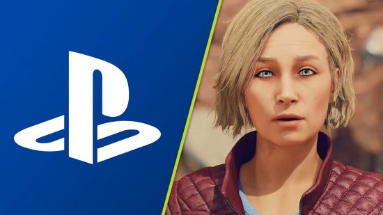 Starfield PS5 2024: a PlayStation logo next to the blonde-haired Sarah Morgan wearing a red jacket