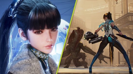 Stellar Blade demo release date PS5: A diagonally split image with a close-up of Eve on the left side, looking over her shoulder slightly, while on the right is Eve standing with her weapons at the ready, facing off against a monster.