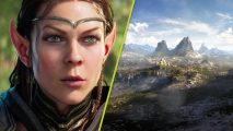 The Elder Scrolls 6 early builds playable: A split image with the feminine high elf hero from The Elder Scrolls Online promotional art on the left, looking slightly to the right with a determined expression, while on the right side is an image of a mountainous landscape from The Elder Scrolls 6 teaser trailer.