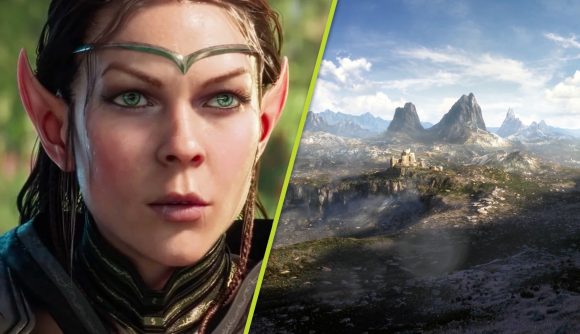 The Elder Scrolls 6 early builds playable: A split image with the feminine high elf hero from The Elder Scrolls Online promotional art on the left, looking slightly to the right with a determined expression, while on the right side is an image of a mountainous landscape from The Elder Scrolls 6 teaser trailer.